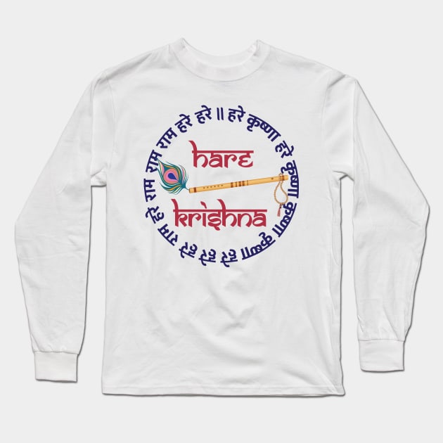 Hare Krishna Mantra Indian Flute Peacock Feather Tulsi Mala Long Sleeve T-Shirt by alltheprints